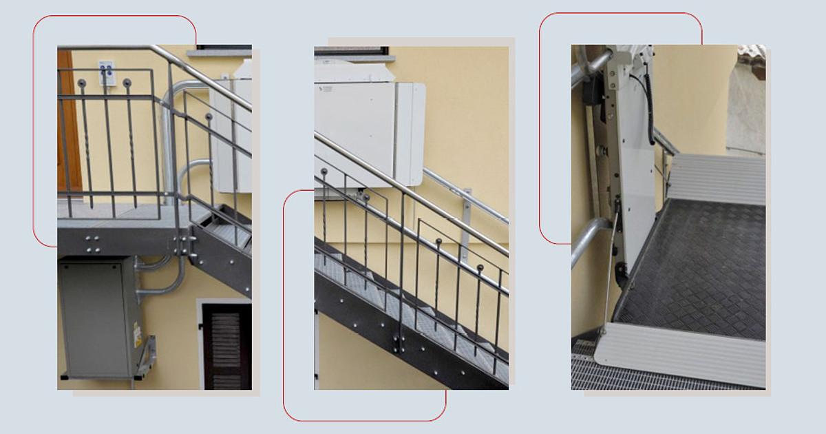 Rigert inclined platform lift installed on an exterior facade. | Rigert