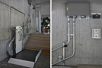Plattformlift offen / Antriebskasten im Treppenhaus
